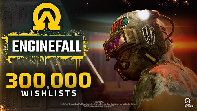 A promotional image for the game 'Enginefall' celebrating 300,000 wishlists. It features a character in a helmet with text overlays and a dramatic atmosphere.