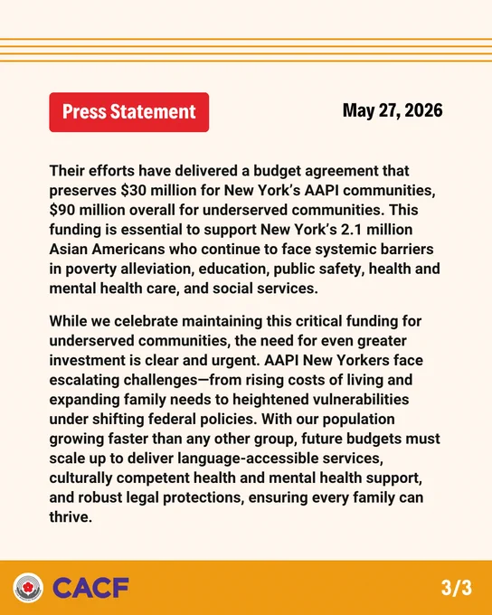 Press Statement May 27, 2026
Their efforts have delivered a budget agreement that preserves $30 million for New York’s AAPI communities, $90 million overall for underserved communities. This funding is essential to support New York’s 2.1 million Asian Americans who continue to face systemic barriers in poverty alleviation, education, public safety, health and mental health care, and social services.

While we celebrate maintaining this critical funding for underserved communities, the need for even greater investment is clear and urgent. AAPI New Yorkers face escalating challenges—from rising costs of living and expanding family needs to heightened vulnerabilities under shifting federal policies. With our population growing faster than any other group, future budgets must scale up to deliver language-accessible services, culturally competent health and mental health support, and robust legal protections, ensuring every family can thrive.
3/3