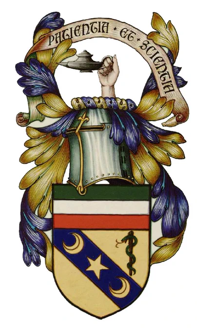 Blazon: Or on a bend Azure a mullet between two crescents of the First, in the sinister chief an Euscalapian Rod Proper, on a chief
parted per fess Vert and Gules a bar Argent. 