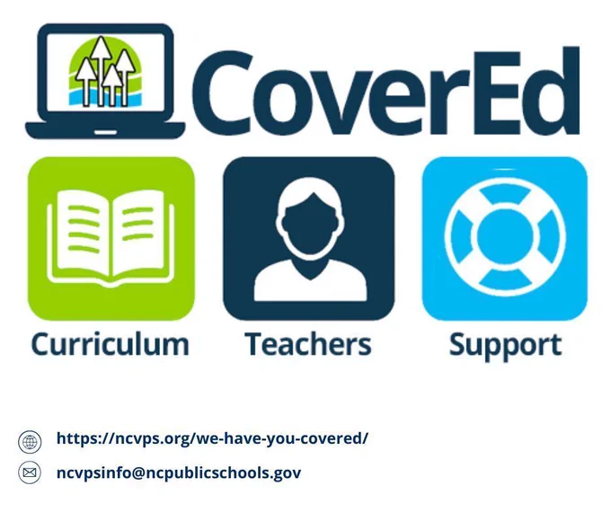CoverEd logo featuring a laptop icon above three colored squares labeled Curriculum (open book), Teachers (person icon), and Support (life preserver), with contact information below.