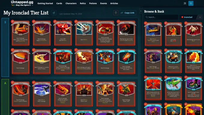  A tier list on [Untapped.gg](http://Untapped.gg) with several Ironclad cards listed. You can see Tier S and A on the left side of the screen and on the right, you can see other cards that have not yet been added to the list. The cards have a variety of 0, 1 and 2 cards.