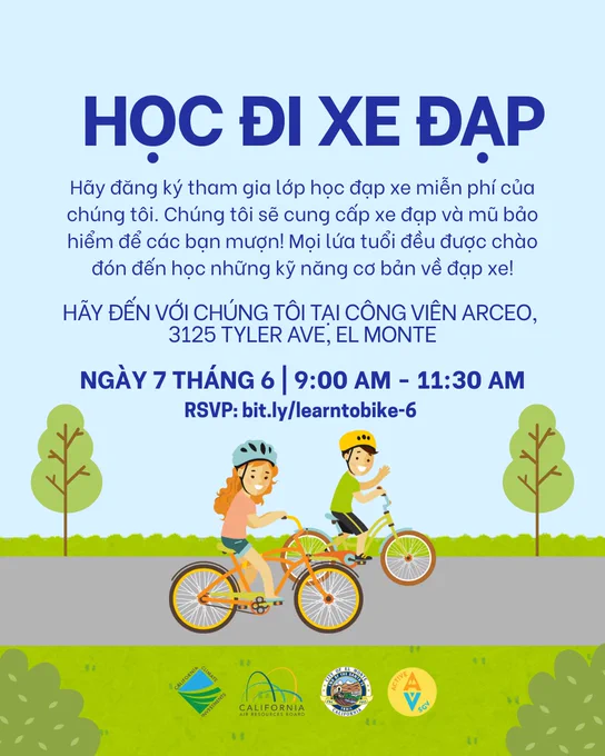 Poster advertising a "Learn to Bike" event at Arceo Park, 3125 Tyler Ave, El Monte, CA 91731, on June 7, 2026, from 9:00 AM to 11:30 AM. It highlights free bike classes, providing bikes and helmets. An illustration shows two people cycling on a path with trees and greenery. 