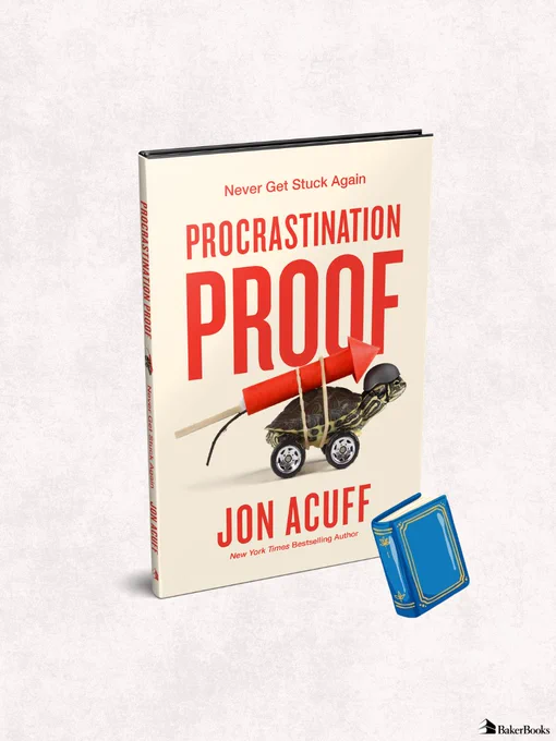 The image shows the book "Procrastination Proof" by Jon Acuff, featuring a toy turtle with a rocket on its shell on the cover. The book is positioned upright, with a small illustration of a closed blue book nearby. The publisher's logo, Baker Books, is in the lower corner.