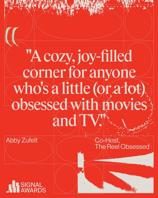 A vibrant red graphic featuring a quote about movies and TV. The text is set against a geometric background, conveying a cozy and joyful mood.