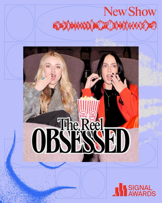 A promotional image for 'The Reel Obsessed' show, featuring two women in a cinema setting with popcorn, conveying excitement and intrigue.