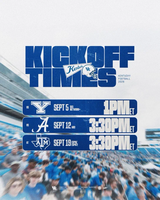 First three kickoff dates and tv assignments. Youngstown St. on Sept. 5 at 1 pm ET on SEC Network . Alabama on Sept. 12 at 3:30 pm ET on ABC. At Texas A&M on Sept. 19 at 3:30 pm ET on ESPN/ESPN2.  