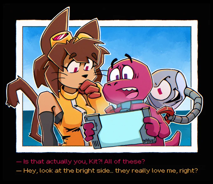 Digital fan art of the GameOverse characters Kit. Gobbles and Kaboodle. Gobbles is holding a glowing tablet in shock. Kaboodle grins mischievously. At the bottom, pixelated text reads: "— Is that actually you, Kit?! All of these? — Hey, look at the bright side... they really love me, right?".