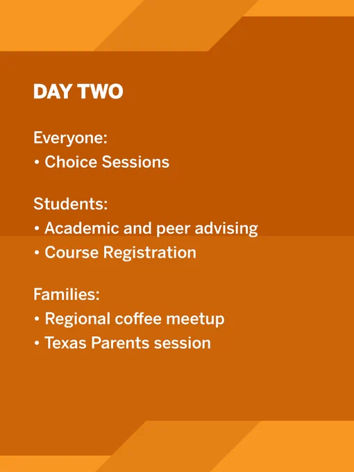 Day two itinerary on an orange background. For everyone: Choice Sessions. For students: Academic and peer advising, Course Registration. For families: Regional coffee meetup, Texas Parents session.