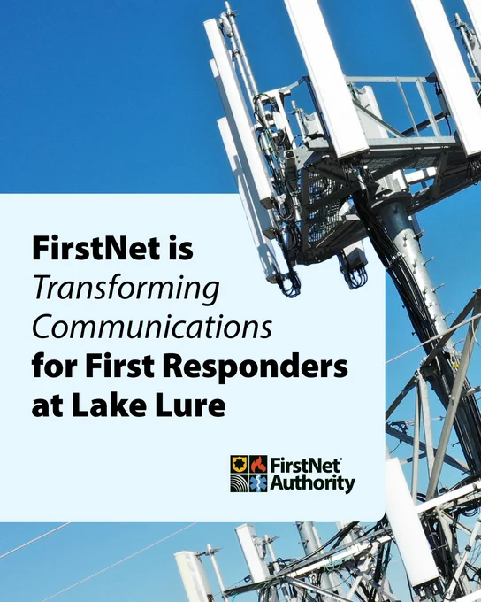 A cell tower sits over the text "FirstNet is Transforming Communications for First Responders at Lake Lure"
