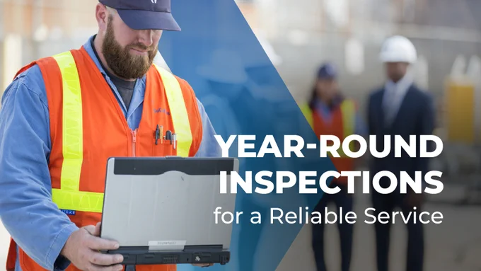 An image of a socalgas employee on a computer with text that reads year-round inspections for a reliablre service