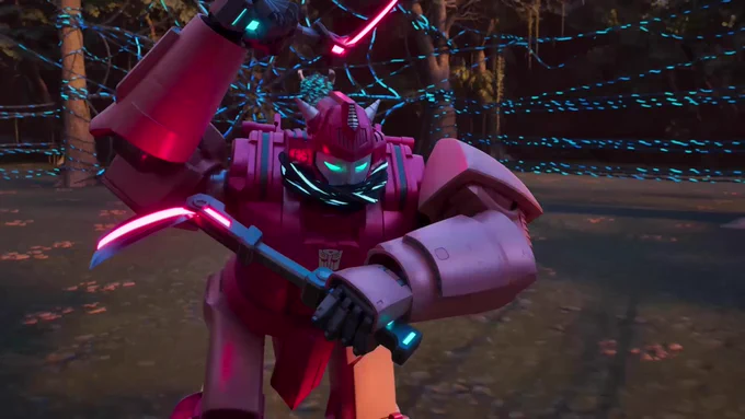 Elita-1 runs, with an intense serious expression, her mouth wrapped with glowing cables, brandishing her kama, on Transformers: CYBERWORLD.