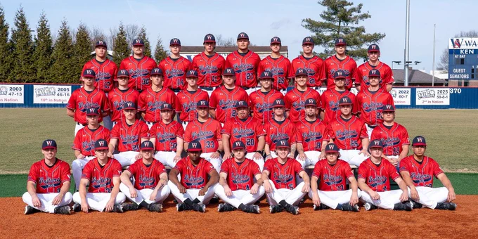 The Walters State baseball team poses for a group photo on a field. 