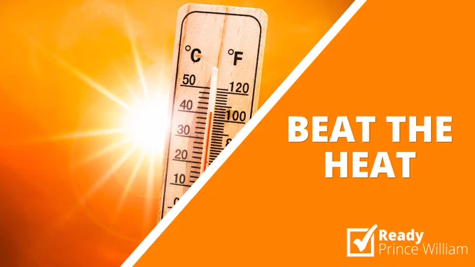 Thermometer with a high temperature under the sun, next to text that reads “beat the heat”.