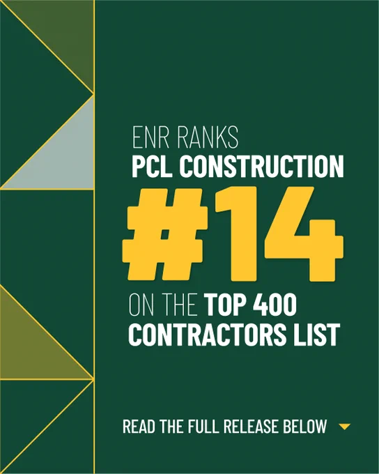 PCL Construction graphic announcing ENR ranks PCL Construction No. 14 on the Top 400 Contractors list in the United States, highlighting national construction leadership and growth across North America.