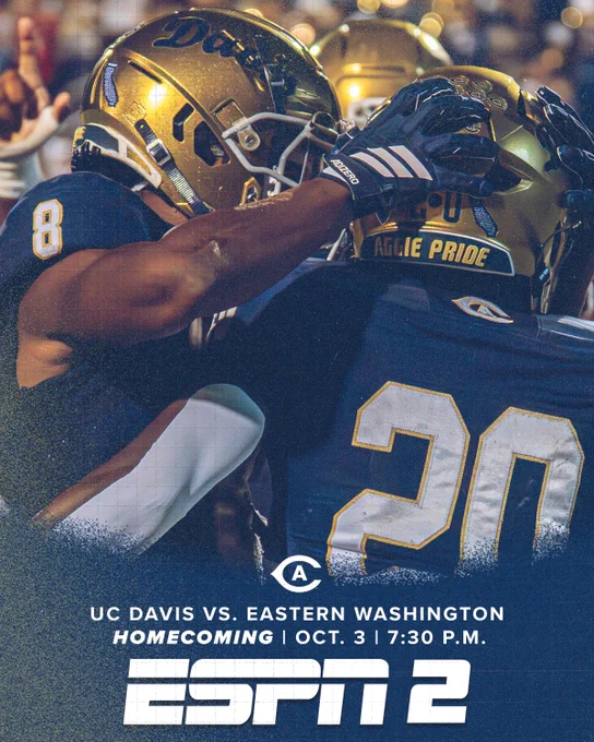 Graphic with photo of two UC Davis football players hugging with their backs to the camera with gold helmets and blue jerseys above text with game information and tv network on a blue background.