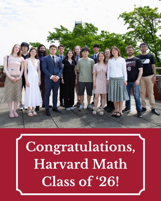 A group of 15 graduating Harvard math concentrators standing on the Science Center outdoor deck with a view of the blue sky and green tree foliage in the background. The white text on a red background below reads "Congratulations, Harvard Math Class of '26"