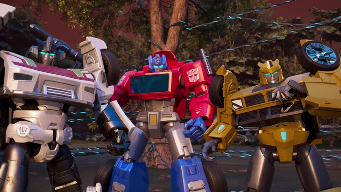 Wheeljack, Optimus Prime and Bumblebee all stare at something unnerving off screen behind the camera, while standing in a Jungle Region clearing, laced with glowing cables. In Transformers: CYBERWORLD.