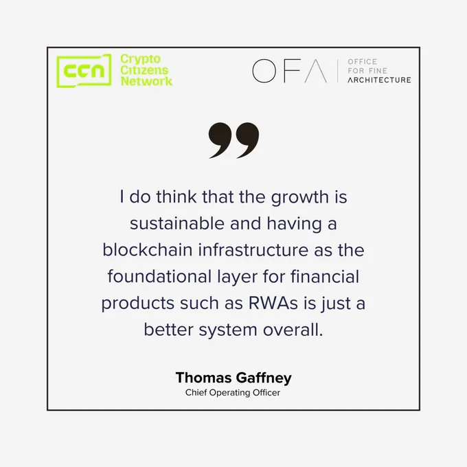 Quote graphic featuring OFA Group COO Thomas Gaffney, stating that growth in real-world assets is sustainable and that blockchain infrastructure provides a better foundational system for financial products like RWAs. Includes Crypto Citizens Network and OFA logos.