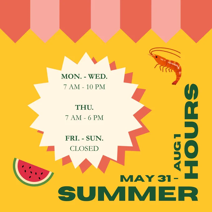 Sims Library summer hours apply from May 31 to August 1. The library will be open 7:00 AM to 10:00 PM Mondays through Wednesdays and 7:00 AM to 6:00 PM on Thursdays. The library will be closed on Fridays, Saturdays, and Sundays. 