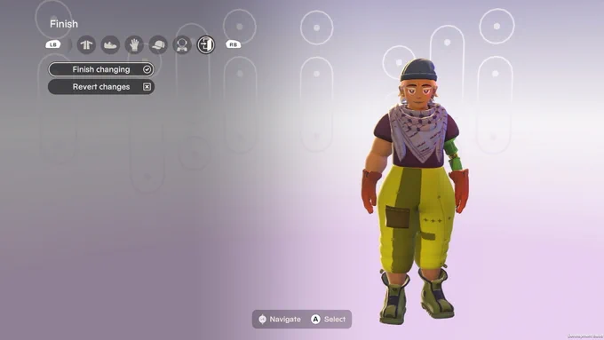 Image of light-brown skinned person wearing a blue toque, purple top, keffiyeh, and green patchwork pants. Full body of character is seen. The character creator menu shows the “finish changing” option.