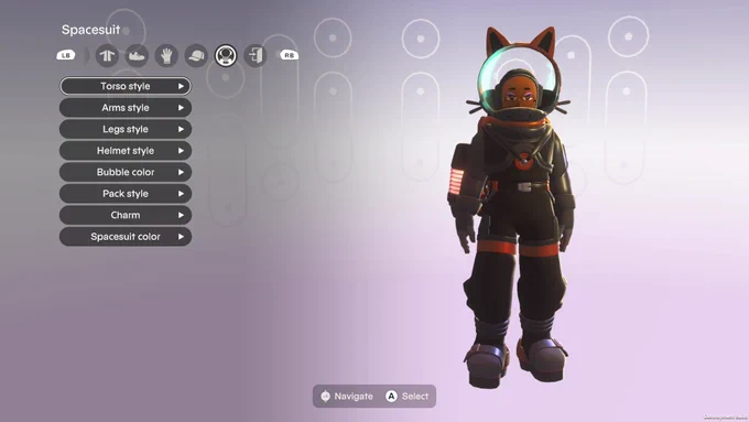  Image of medium-brown skinned person in their spacesuit. The spacesuit has the kitty ears, and is all black with orange highlights. The character creator menu shows the spacesuit is being selected.