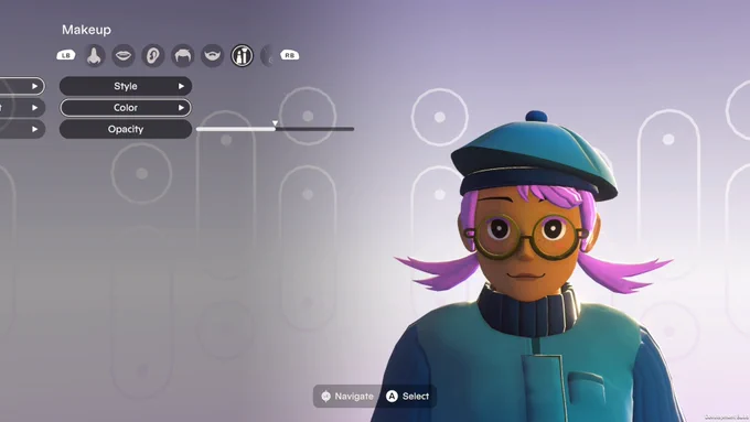 Image of a light-brown skinned person with medium length pinkish purple pigtails and blue beret   jacket. Image is from shoulders up. The character creator selector shows the make-up being adjusted on the character.
