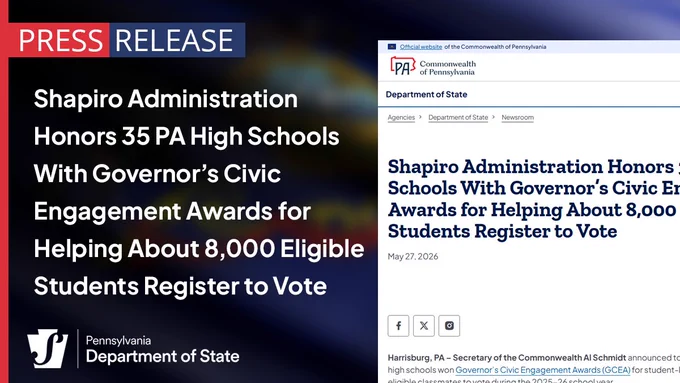 Press Release: Shapiro Administration Honors 35 PA High Schools With Governor’s Civic Engagement Awards for Helping About 8,000 Eligible Students Register to Vote