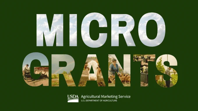The image features the words "Micro Grants" prominently with images of farming activities and equipment visible within the letters. Below, the logo and text "USDA Agricultural Marketing Service, U.S. Department of Agriculture" are displayed. The background is a solid green.