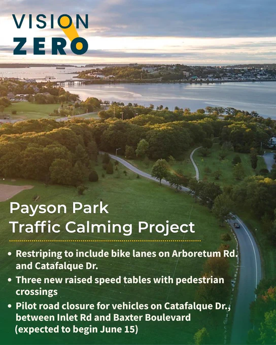 Aerial view of Payson Park near water with overlay text about Vision Zero traffic calming improvements and bike lane additions coming in June 2026