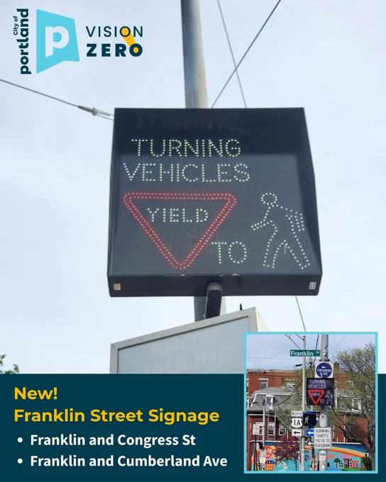 New electronic street signs on Franklin Street in Portland, Maine adjust based on the active traffic signal condition