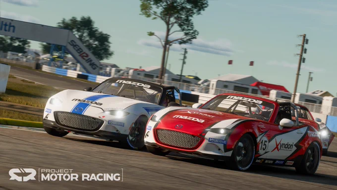 Two Mazda MX-5 Spec cars making contact at a race track as rendered in the sim Project Motor Racing 