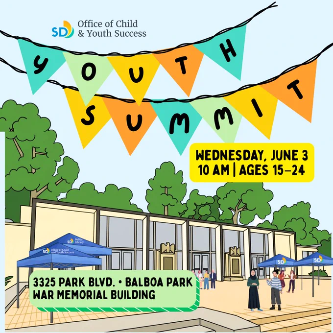 San Diego Office of Child and Youth Success. Youth Summit Banners. Wednesday, June 3. 10 AM. Ages 15 to 24. 3325 Park Blvd. War Memorial Building. Computer illustration of the War Memorial Building exterior in Balboa Park with branded canopies and people standing around.