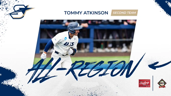 Rawlings, ABCA, and UIS Athletics logos. All-Region, Second Team. Tommy Atkinson. Illinois Springfield Baseball. A photo of Tommy running