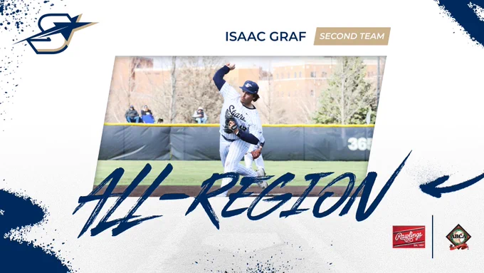 Rawlings, ABCA, and UIS Athletics logos. All-Region, Second Team. Isaac Graf. Illinois Springfield Baseball. A photo of Isaac pitching