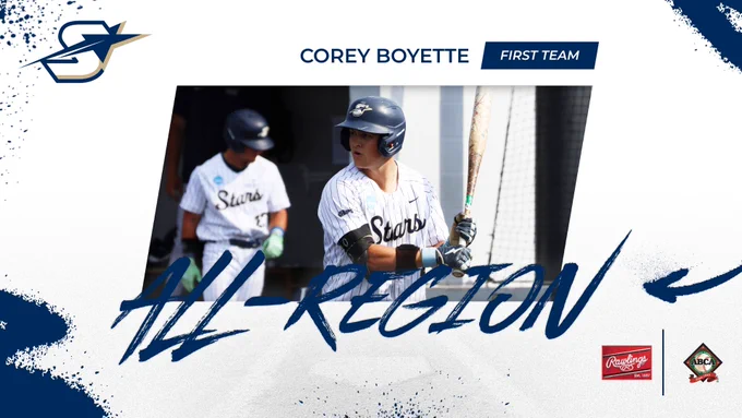 Rawlings, ABCA, and UIS Athletics logos. All-Region, First Team. Corey Boyette. Illinois Springfield Baseball. A photo of Corey batting