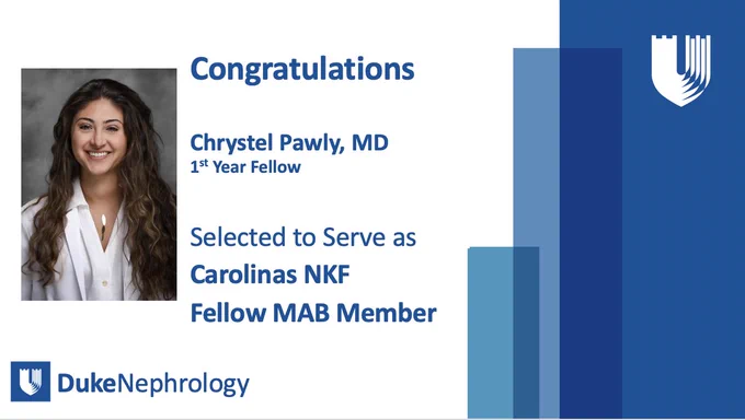 Professional portrait of Chrystel Pawly, MD, announced as a 1st Year Fellow selected for Carolinas NKF Fellow MAB Member by Duke Nephrology.