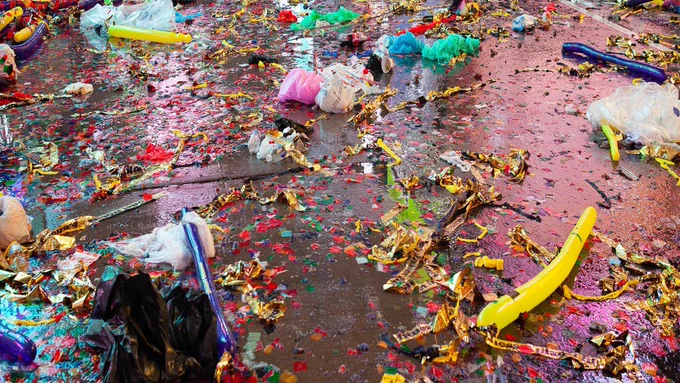 Image of the detritus of Times Square New Year's Eve featuring garbage and confetti on wet pavement.