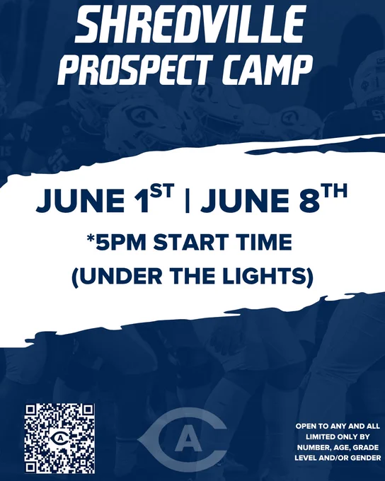 Blue graphics for UC Davis football prospect camp. Monday June 1st and 8th. Starting at 5pm