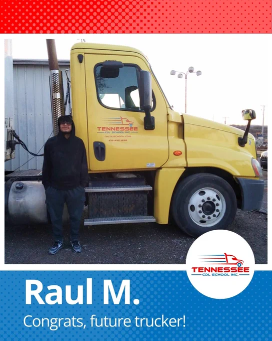 Person standing next to a yellow Tennessee CDL School truck, celebrating future trucking career.