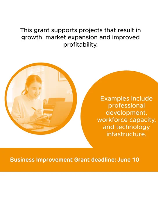 “Business Improvement Grant deadline: June 10”. Text across the top reads “This grant supports projects that result in growth, market expansion and improved profitability.” An orange circle says, “Examples include professional development, workforce capacity, and technology infrastructure.” Another, smaller orange bubble shows a woman taking notes in her notebook while looking at her laptop.  