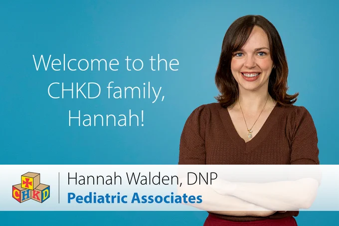 Professional portrait of Hannah Walden, DNP, welcoming her to the CHKD Pediatric Associates team against a blue background.