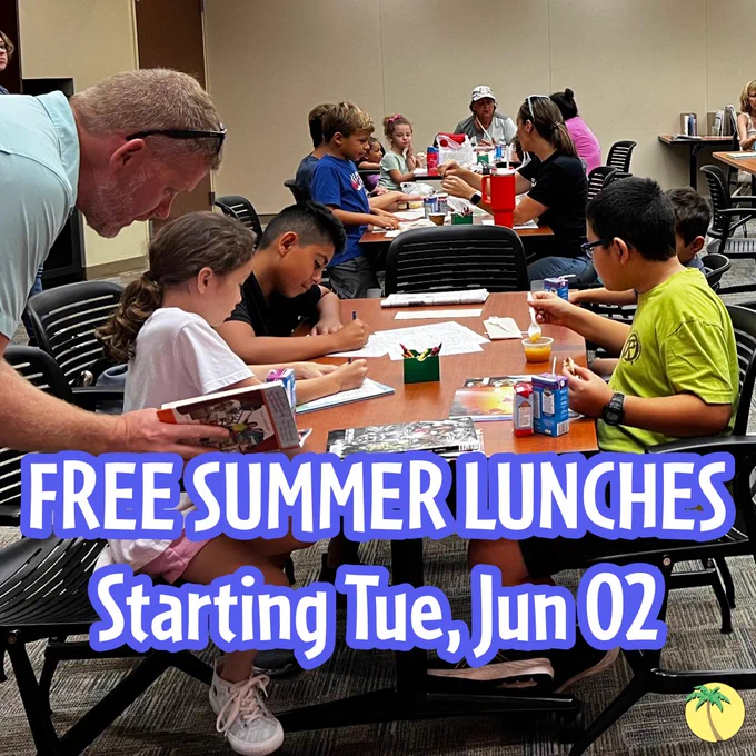 Children eating free meals in the Library. Text reads, "Free summer lunches starting Tuesday, June 2nd."