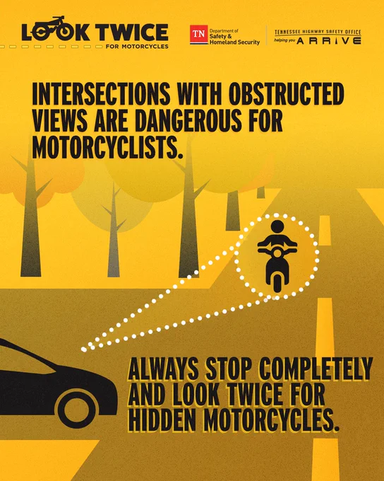 An illustration of a motorcycle and a car at an intersection. Overlaid text reads: “Intersections with obstructed views are dangerous for motorcyclists. Always stop completely and look twice for hidden motorcycles.”