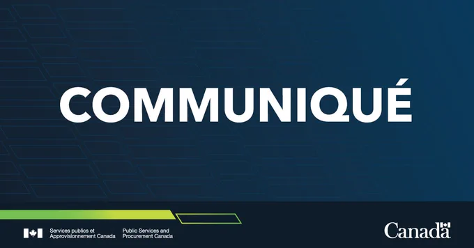 Le mot « COMMUNIQUÉ », en caractères blancs gras, est centré sur un fond bleu foncé, avec les logos du gouvernement canadien en dessous.