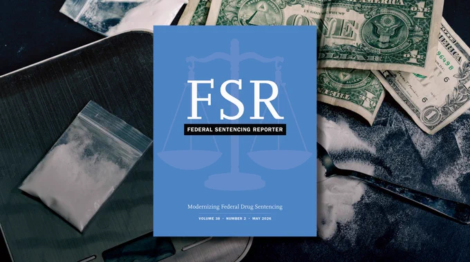 A blue cover of the "Federal Sentencing Reporter" is centered in the image, displaying the volume and issue information. Behind it, various U.S. dollar bills, scattered white powder, and a small bag are placed on a scale.