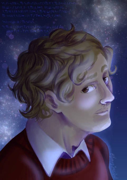 A digital painting of Grian. He is wearing his iconic red sweater with a collar underneath it. He is looking at the camera. The background looks like a galaxy. There is galactic standard text above him.