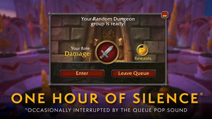 In the top center of the image is the dungeon queue window. In the bottom center, there is text that reads, \"One Hour of Silence*\". Underneath the video title is very small text that reads, \"*Occasionally Interrupted by the Queue Pop Sound.\"