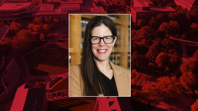 Color portrait of Jessica A. Shoemaker, Steinhart Foundation Distinguished Professor of Law, on a red campus background.