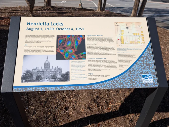 Historical marker about the life of Henrietta Lacks, located in Henrietta Lacks Plaza, Roanoke, VA