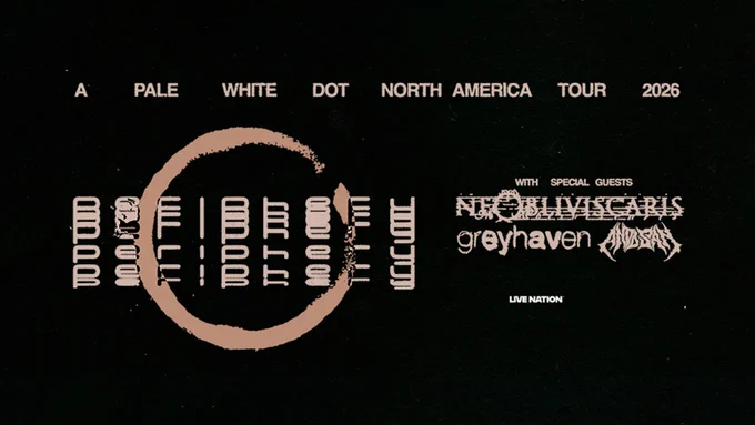 Promotional poster for Periphery\u2019s A Pale White Dot North America Tour 2026. TEXT: A Pale White Dot North America Tour 2026. Periphery. With special guests Ne Obliviscaris. Greyhaven. Ando San. Live Nation.